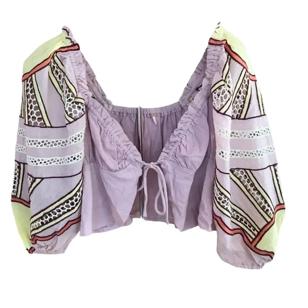 Free People Sunrise Sunset Crochet Cotton Crop, Y2K, Lavender Boho Festival  L